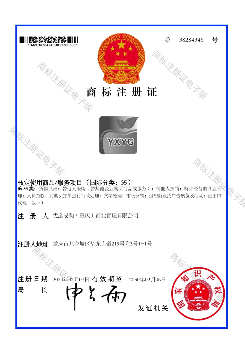 38284346优选易购--yxyg+图--35类注册证
